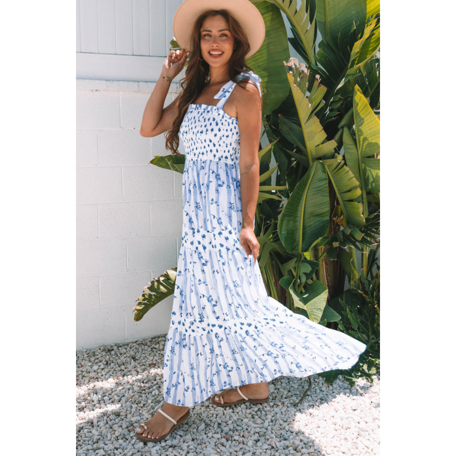 Sky Blue Floral Smocked Tied Straps A-Lined Tiered Maxi Dress Dresses/Maxi Dresses