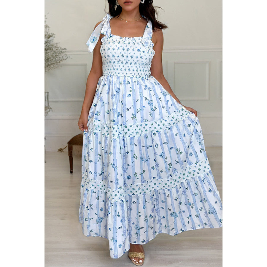 Sky Blue Floral Smocked Tied Straps A-Lined Tiered Maxi Dress Dresses/Maxi Dresses