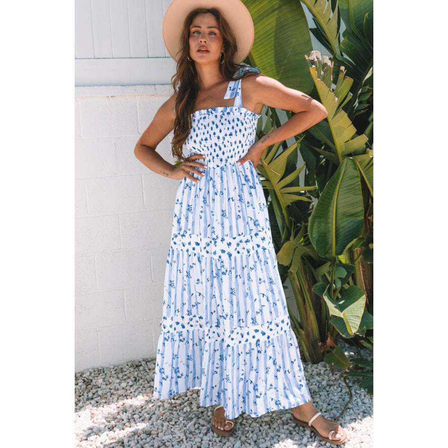 Sky Blue Floral Smocked Tied Straps A-Lined Tiered Maxi Dress Dresses/Maxi Dresses