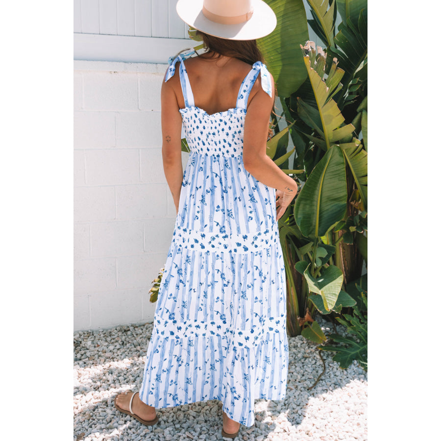 Sky Blue Floral Smocked Tied Straps A-Lined Tiered Maxi Dress Dresses/Maxi Dresses