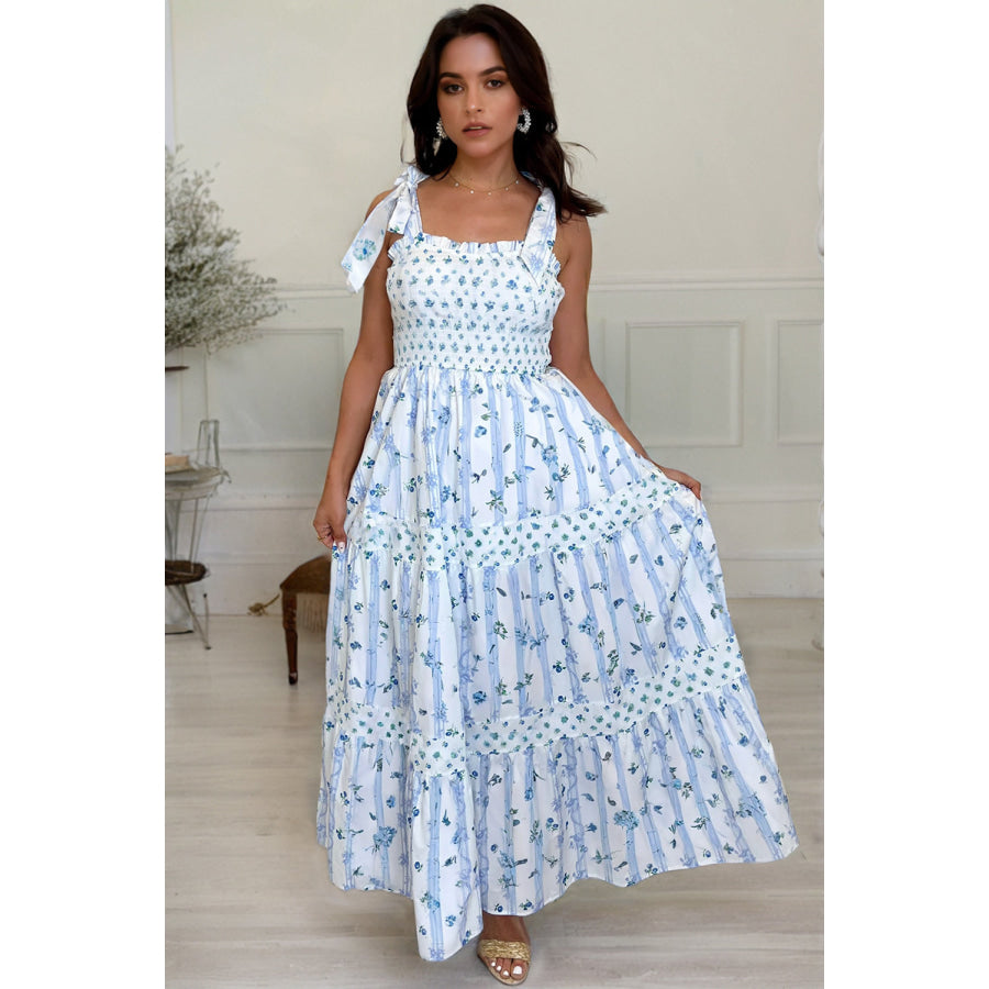 Sky Blue Floral Smocked Tied Straps A-Lined Tiered Maxi Dress Dresses/Maxi Dresses