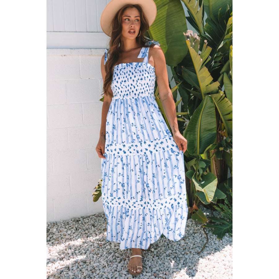 Sky Blue Floral Smocked Tied Straps A-Lined Tiered Maxi Dress Dresses/Maxi Dresses