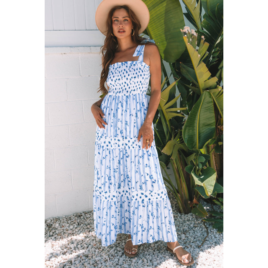 Sky Blue Floral Smocked Tied Straps A-Lined Tiered Maxi Dress Sky Blue / S / 100% Polyester Dresses/Maxi Dresses