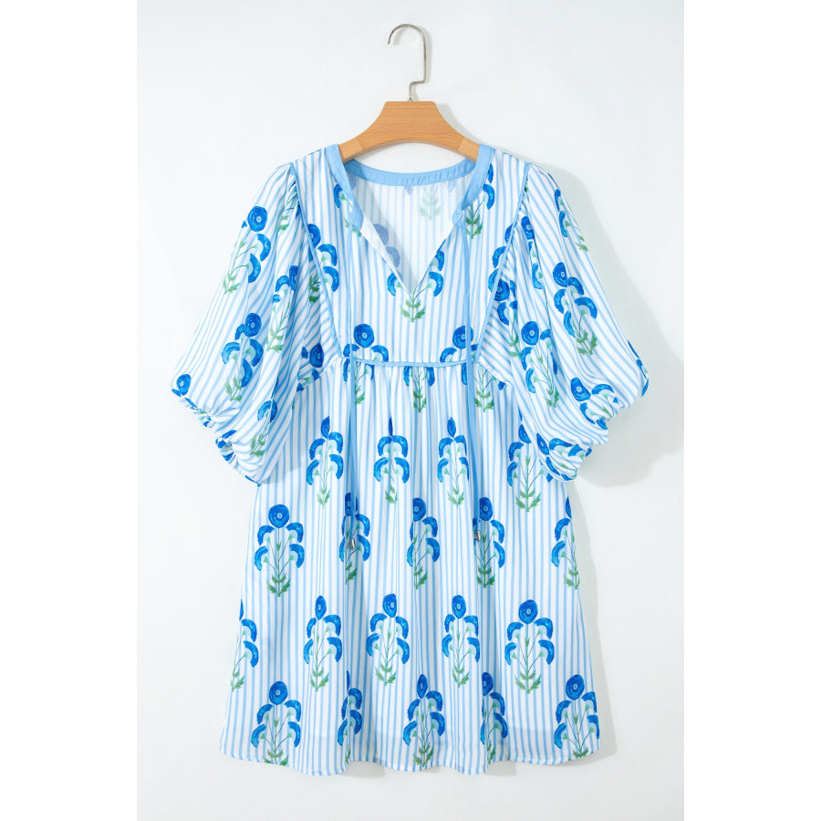 Sky Blue Floral Striped Print Tie Notched Neck Puff Sleeve Flared Mini Dress Dresses/Floral Dresses