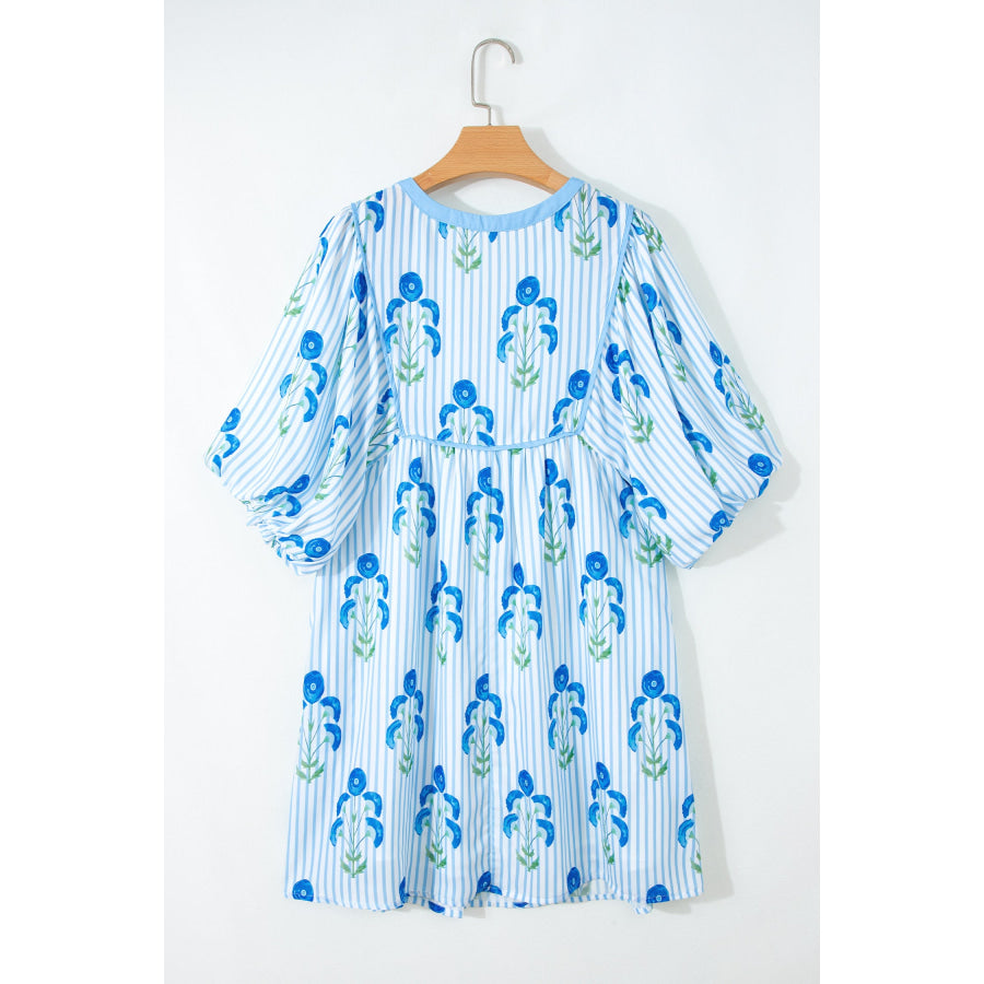 Sky Blue Floral Striped Print Tie Notched Neck Puff Sleeve Flared Mini Dress Dresses/Floral Dresses