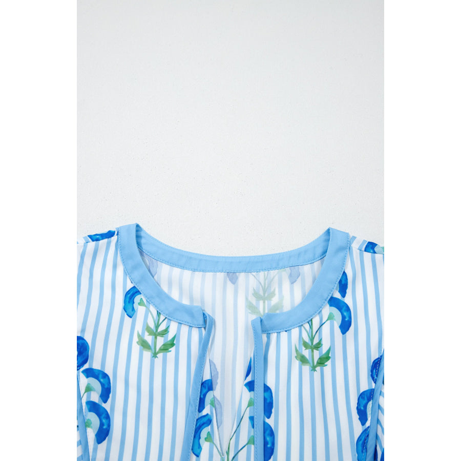Sky Blue Floral Striped Print Tie Notched Neck Puff Sleeve Flared Mini Dress Dresses/Floral Dresses