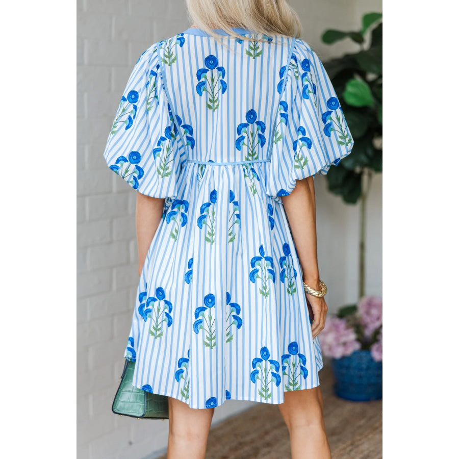 Sky Blue Floral Striped Print Tie Notched Neck Puff Sleeve Flared Mini Dress Dresses/Floral Dresses