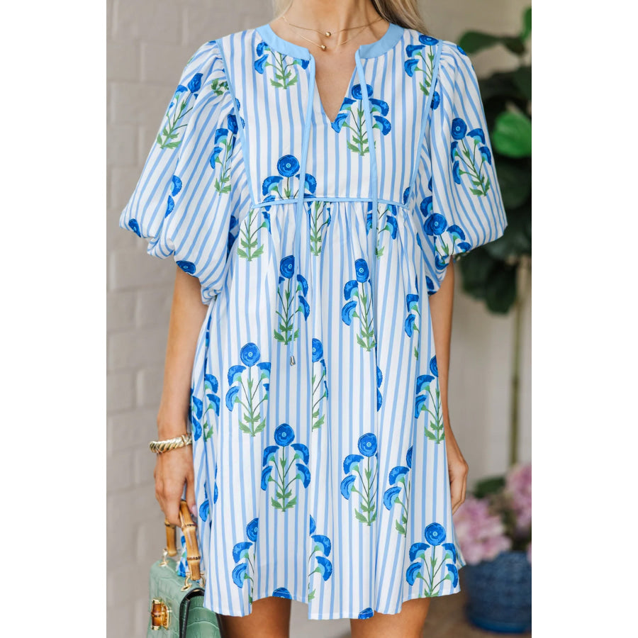 Sky Blue Floral Striped Print Tie Notched Neck Puff Sleeve Flared Mini Dress Dresses/Floral Dresses