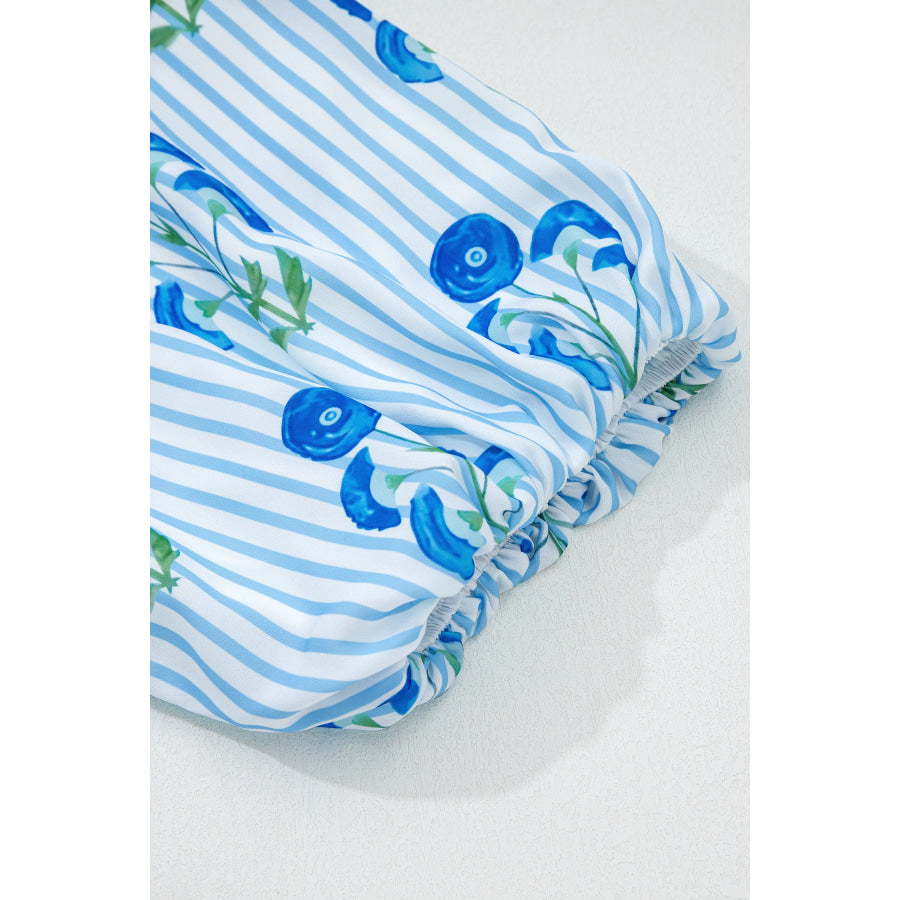 Sky Blue Floral Striped Print Tie Notched Neck Puff Sleeve Flared Mini Dress Dresses/Floral Dresses