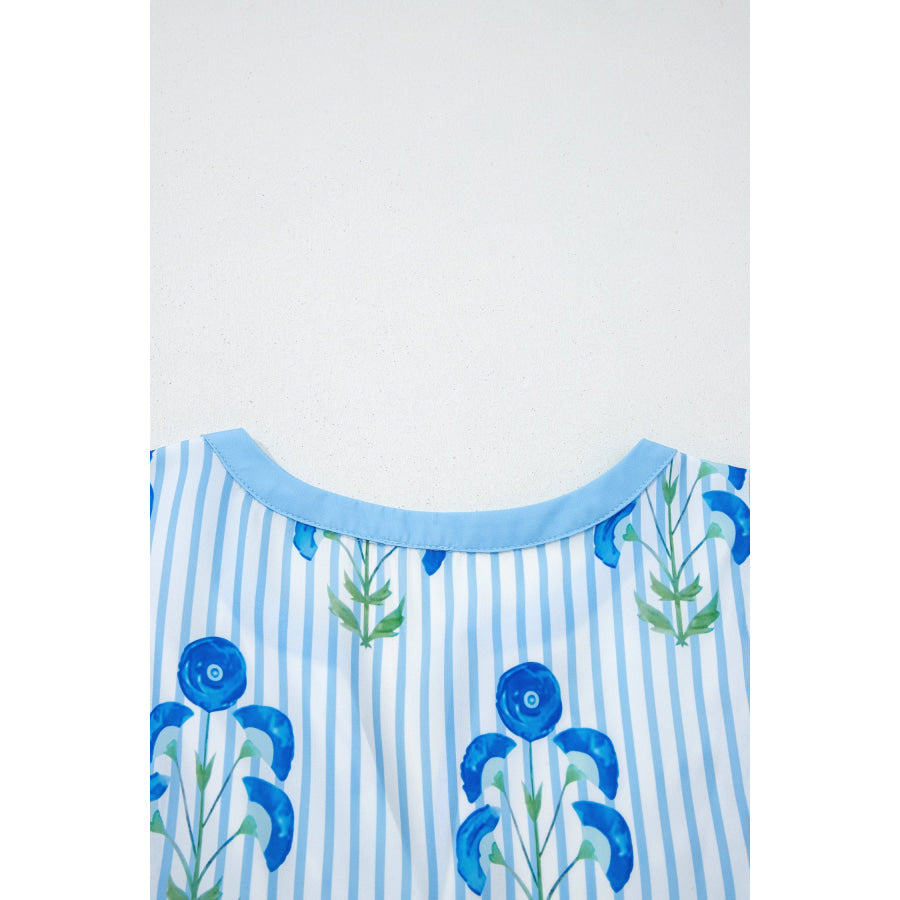 Sky Blue Floral Striped Print Tie Notched Neck Puff Sleeve Flared Mini Dress Dresses/Floral Dresses