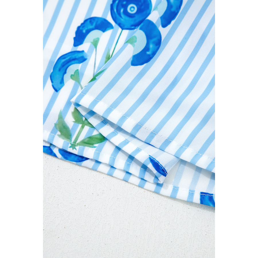 Sky Blue Floral Striped Print Tie Notched Neck Puff Sleeve Flared Mini Dress Dresses/Floral Dresses