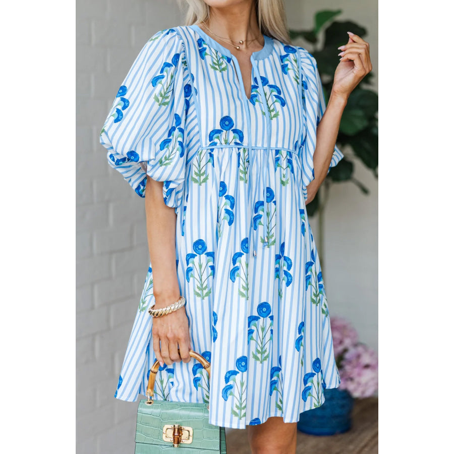 Sky Blue Floral Striped Print Tie Notched Neck Puff Sleeve Flared Mini Dress Sky Blue / S / 100% Polyester Dresses/Floral Dresses