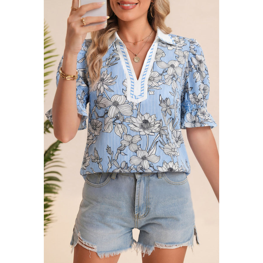 Sky Blue Floral Striped Printed Polo Collar Short Sleeve Blouse Sky Blue / S / 55% Cotton + 45% Viscose Tops/Blouses & Shirts