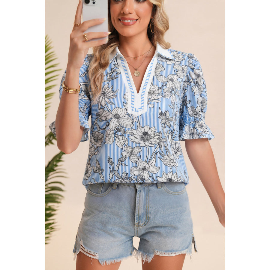 Sky Blue Floral Striped Printed Polo Collar Short Sleeve Blouse Tops/Blouses & Shirts