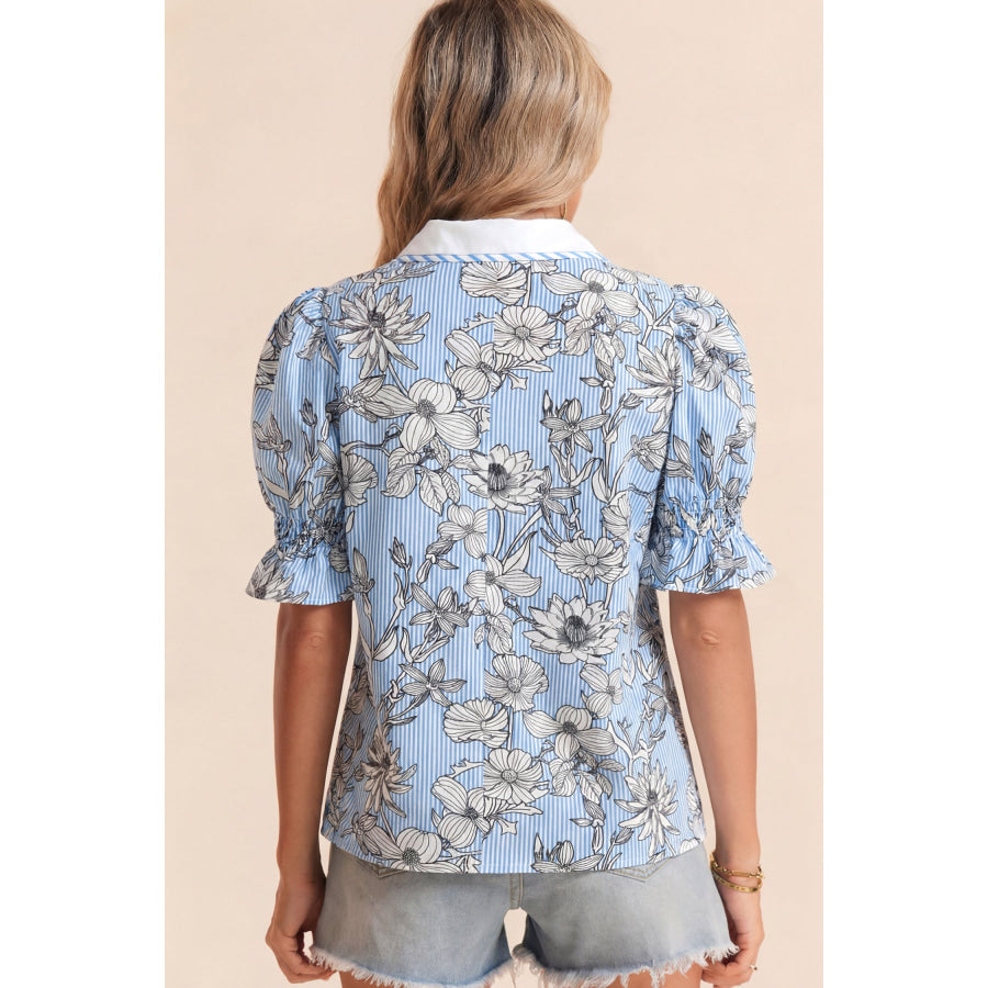 Sky Blue Floral Striped Printed Polo Collar Short Sleeve Blouse Tops/Blouses & Shirts