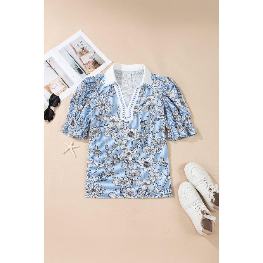 Sky Blue Floral Striped Printed Polo Collar Short Sleeve Blouse Tops/Blouses & Shirts