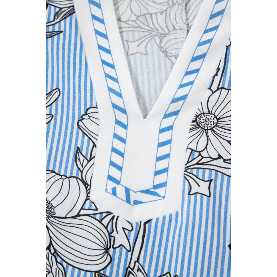 Sky Blue Floral Striped Printed Polo Collar Short Sleeve Blouse Tops/Blouses & Shirts