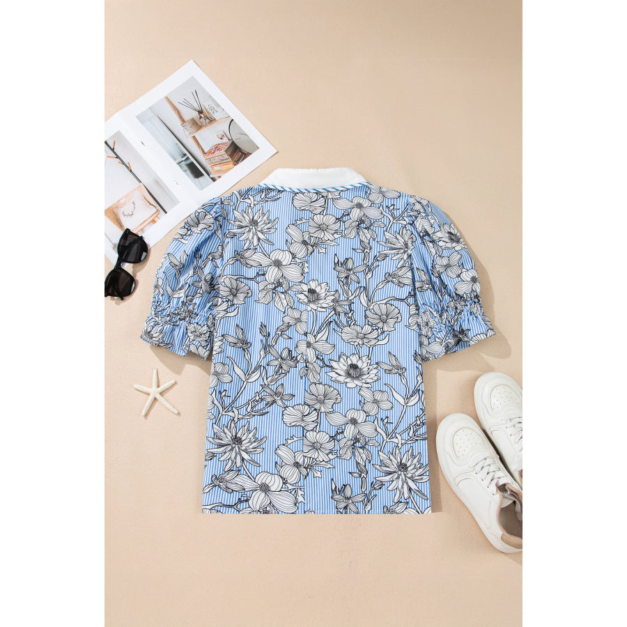 Sky Blue Floral Striped Printed Polo Collar Short Sleeve Blouse Tops/Blouses & Shirts
