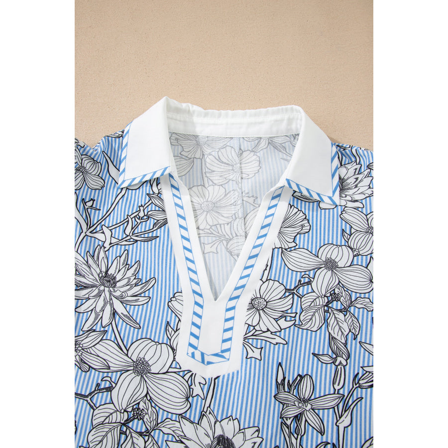 Sky Blue Floral Striped Printed Polo Collar Short Sleeve Blouse Tops/Blouses & Shirts