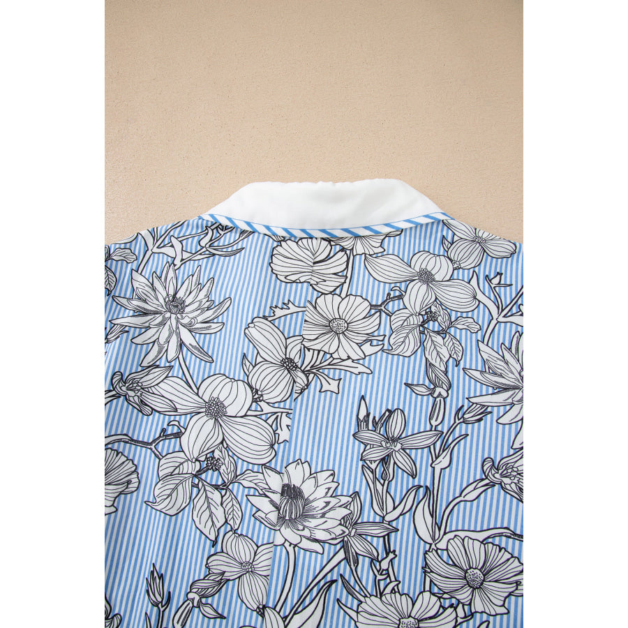 Sky Blue Floral Striped Printed Polo Collar Short Sleeve Blouse Tops/Blouses & Shirts