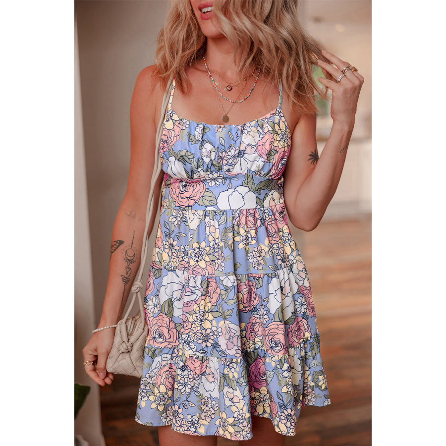 Sky Blue Floral Tiered Patchwork Spaghetti Strap Vacation Dress Dresses/Floral Dresses