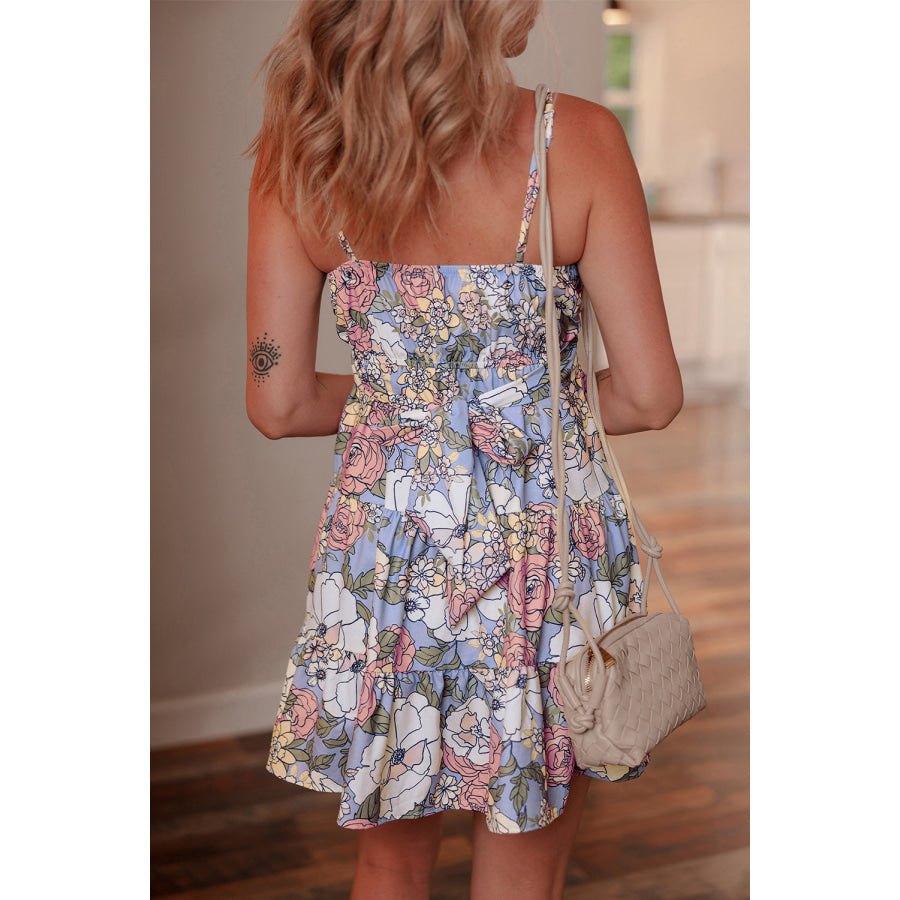 Sky Blue Floral Tiered Patchwork Spaghetti Strap Vacation Dress Dresses/Floral Dresses