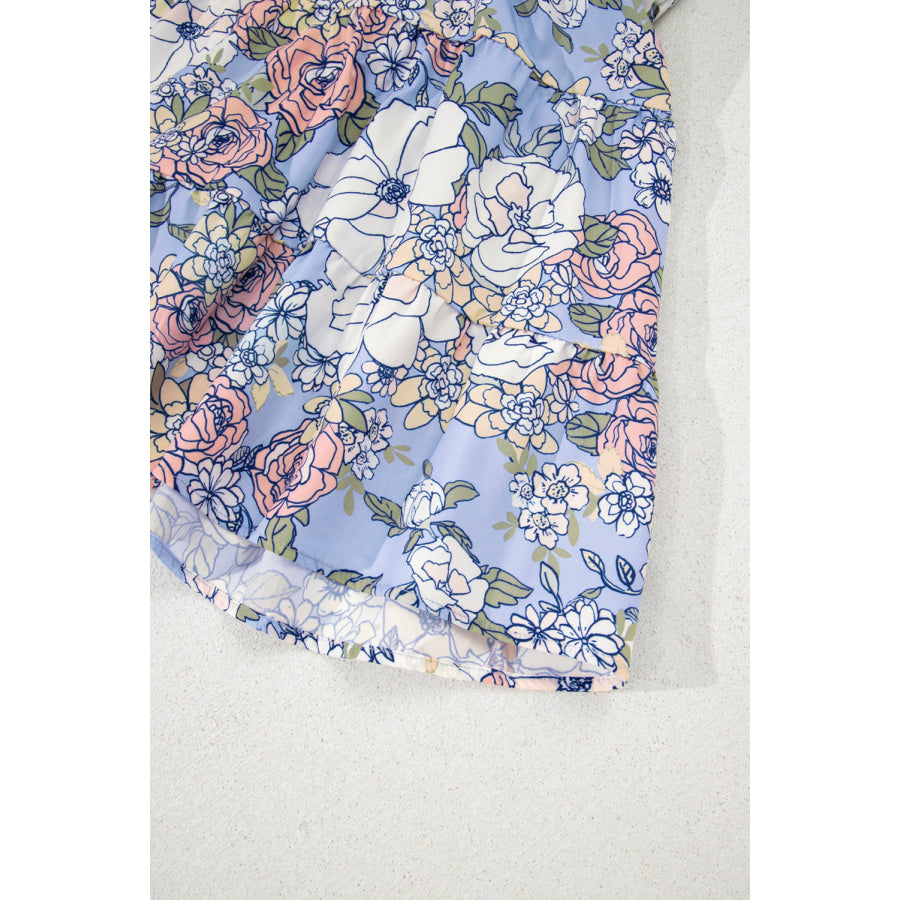 Sky Blue Floral Tiered Patchwork Spaghetti Strap Vacation Dress Dresses/Floral Dresses