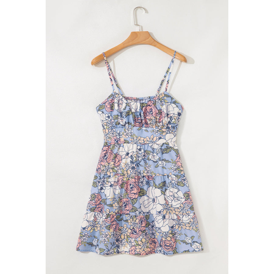 Sky Blue Floral Tiered Patchwork Spaghetti Strap Vacation Dress Dresses/Floral Dresses