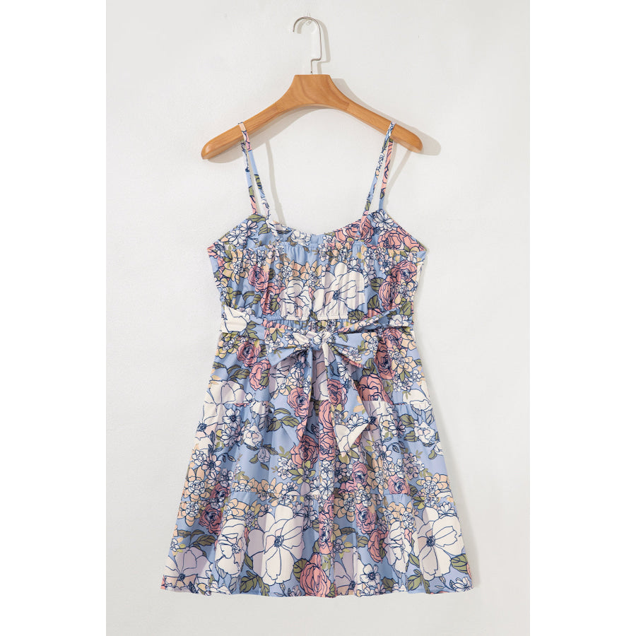 Sky Blue Floral Tiered Patchwork Spaghetti Strap Vacation Dress Dresses/Floral Dresses