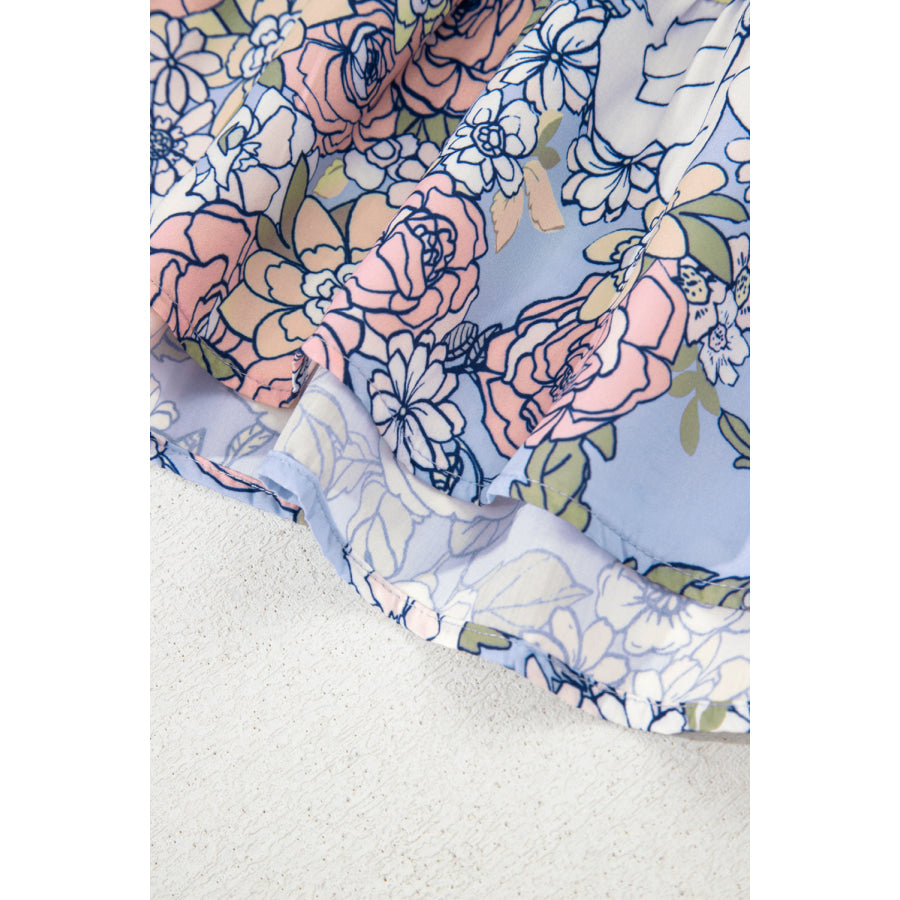 Sky Blue Floral Tiered Patchwork Spaghetti Strap Vacation Dress Dresses/Floral Dresses