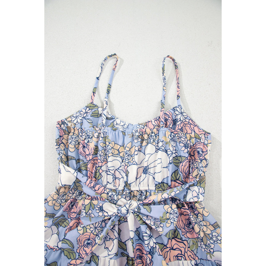 Sky Blue Floral Tiered Patchwork Spaghetti Strap Vacation Dress Dresses/Floral Dresses
