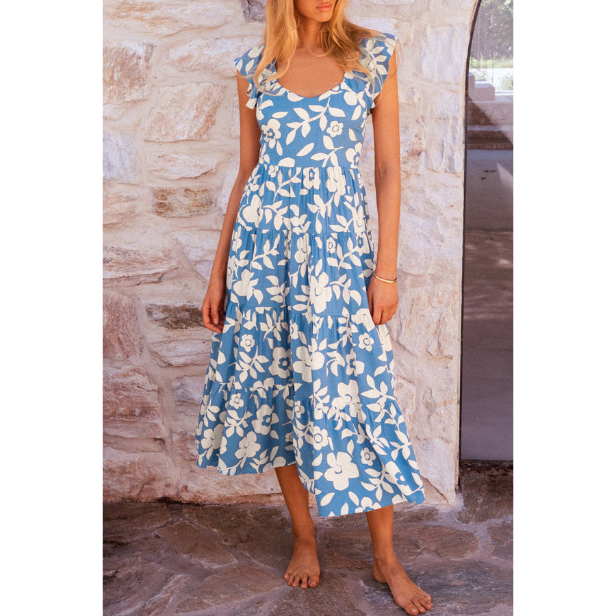 Sky Blue Floral U Neck Flutter Shoulder Tiered Flowy Midi Dress Dresses/Floral Dresses