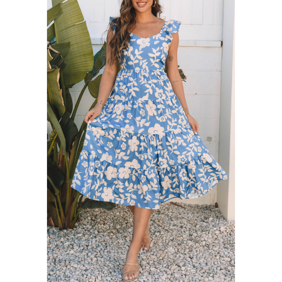Sky Blue Floral U Neck Flutter Shoulder Tiered Flowy Midi Dress Dresses/Floral Dresses
