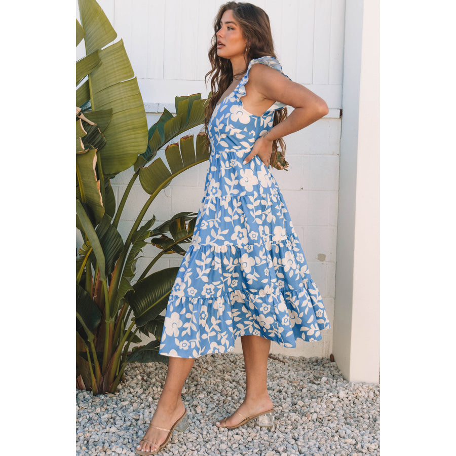 Sky Blue Floral U Neck Flutter Shoulder Tiered Flowy Midi Dress Dresses/Floral Dresses
