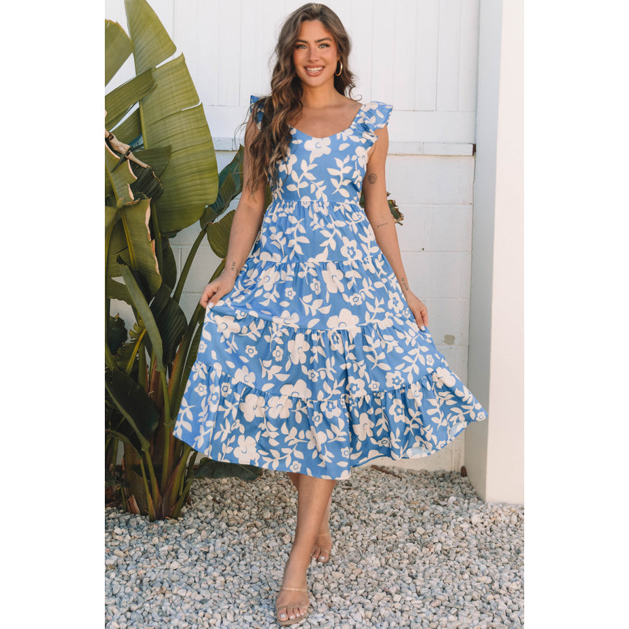 Sky Blue Floral U Neck Flutter Shoulder Tiered Flowy Midi Dress Dresses/Floral Dresses