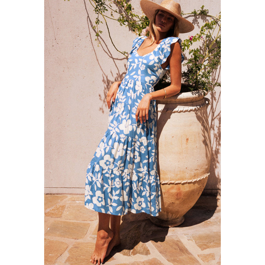 Sky Blue Floral U Neck Flutter Shoulder Tiered Flowy Midi Dress Dresses/Floral Dresses