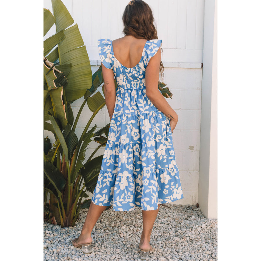 Sky Blue Floral U Neck Flutter Shoulder Tiered Flowy Midi Dress Sky Blue / S / 100% Polyester Dresses/Floral Dresses