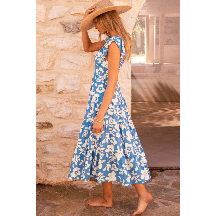 Sky Blue Floral U Neck Flutter Shoulder Tiered Flowy Midi Dress Dresses/Floral Dresses