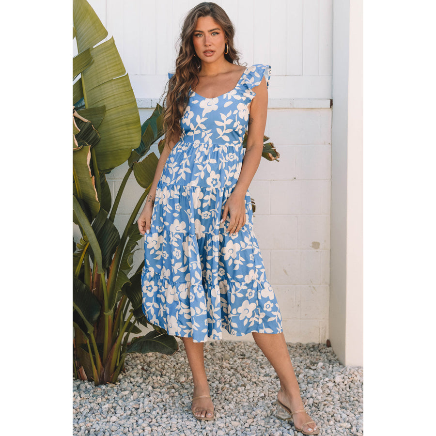 Sky Blue Floral U Neck Flutter Shoulder Tiered Flowy Midi Dress Sky Blue / S / 100% Polyester Dresses/Floral Dresses