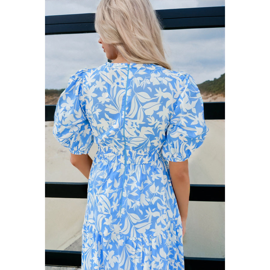 Sky Blue Floral V Neck Puff Short Sleeve Flowy Long Dress Dresses/Maxi Dresses