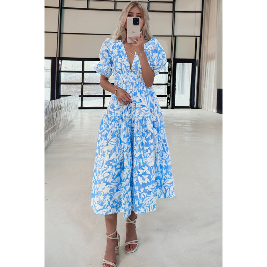 Sky Blue Floral V Neck Puff Short Sleeve Flowy Long Dress Dresses/Maxi Dresses