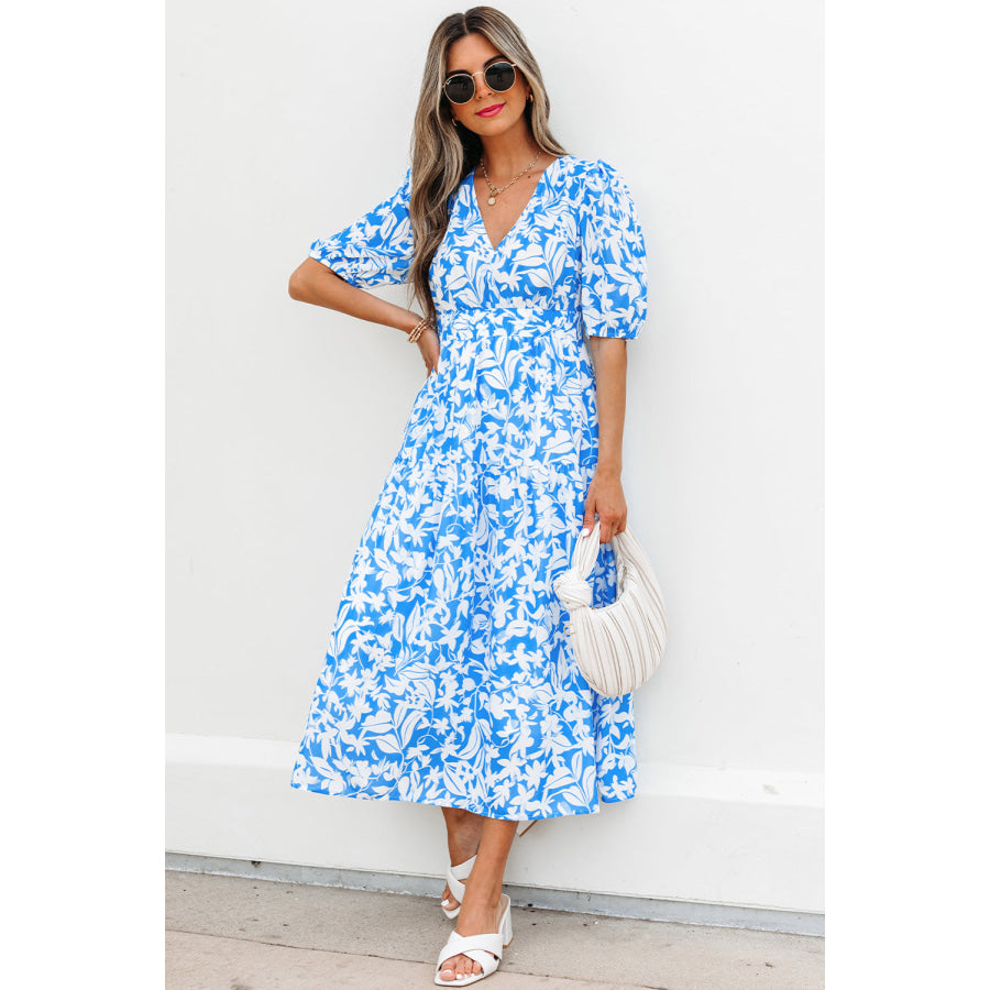 Sky Blue Floral V Neck Puff Short Sleeve Flowy Long Dress Dresses/Maxi Dresses