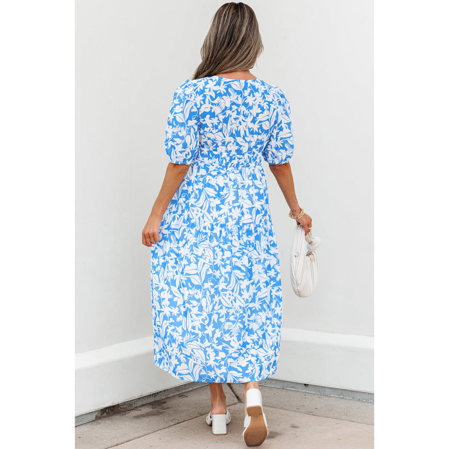 Sky Blue Floral V Neck Puff Short Sleeve Flowy Long Dress Dresses/Maxi Dresses