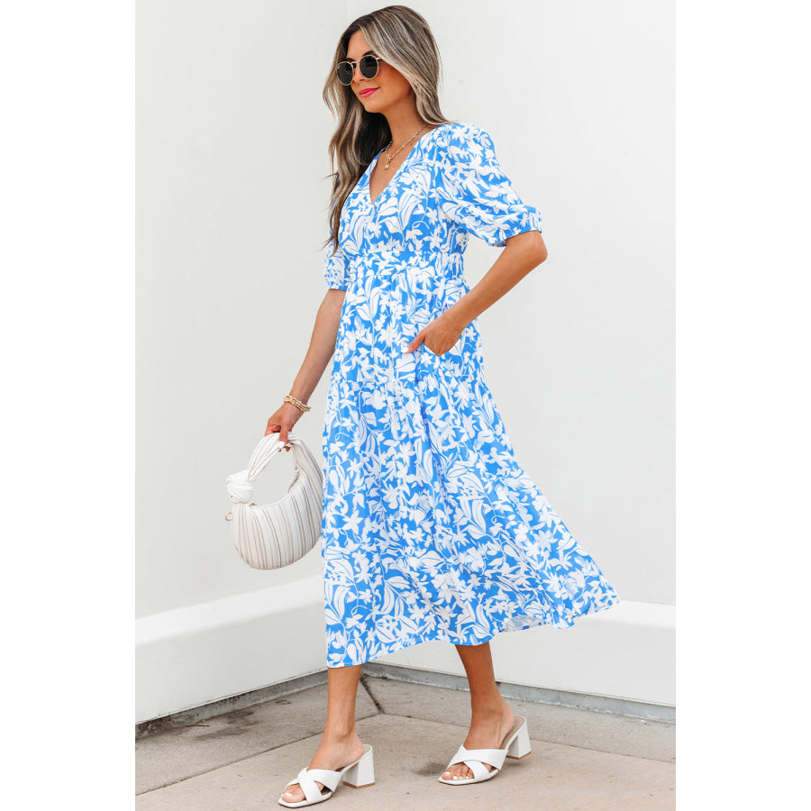 Sky Blue Floral V Neck Puff Short Sleeve Flowy Long Dress Dresses/Maxi Dresses