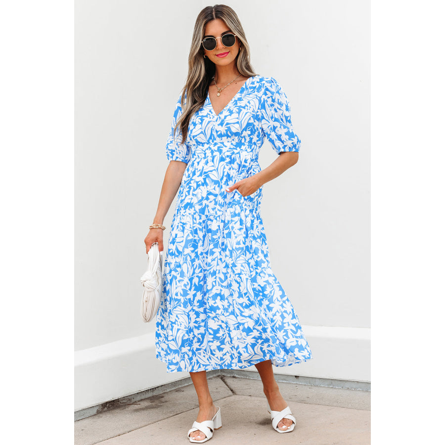 Sky Blue Floral V Neck Puff Short Sleeve Flowy Long Dress Dresses/Maxi Dresses