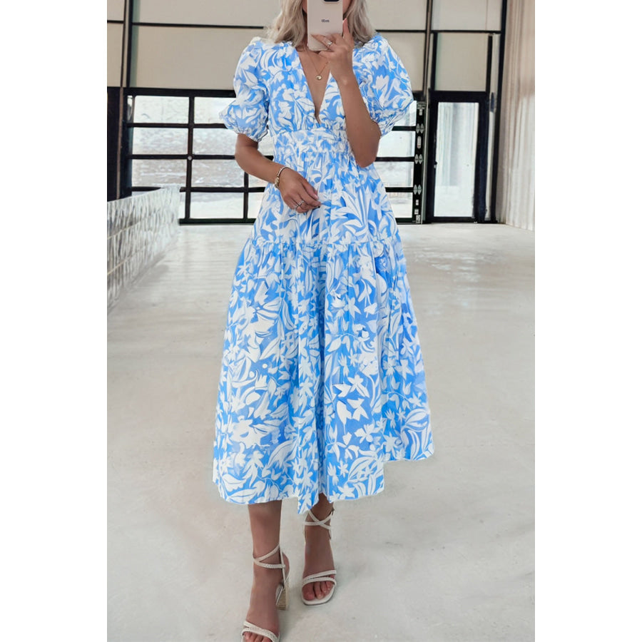 Sky Blue Floral V Neck Puff Short Sleeve Flowy Long Dress Dresses/Maxi Dresses