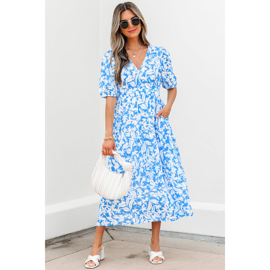 Sky Blue Floral V Neck Puff Short Sleeve Flowy Long Dress Sky Blue / S / 100% Polyester Dresses/Maxi Dresses