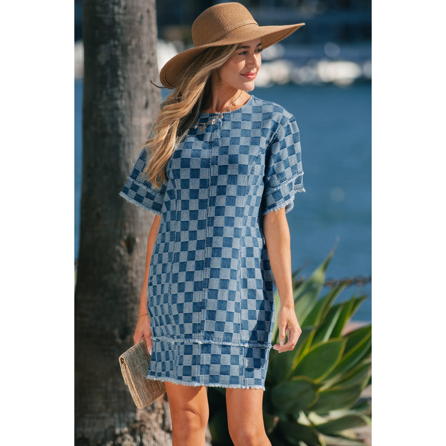 Sky Blue Frayed Hem Checkered Denim Mini Dress Dresses/Mini Dresses