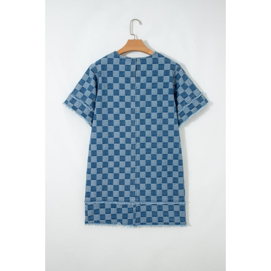 Sky Blue Frayed Hem Checkered Denim Mini Dress Dresses/Mini Dresses