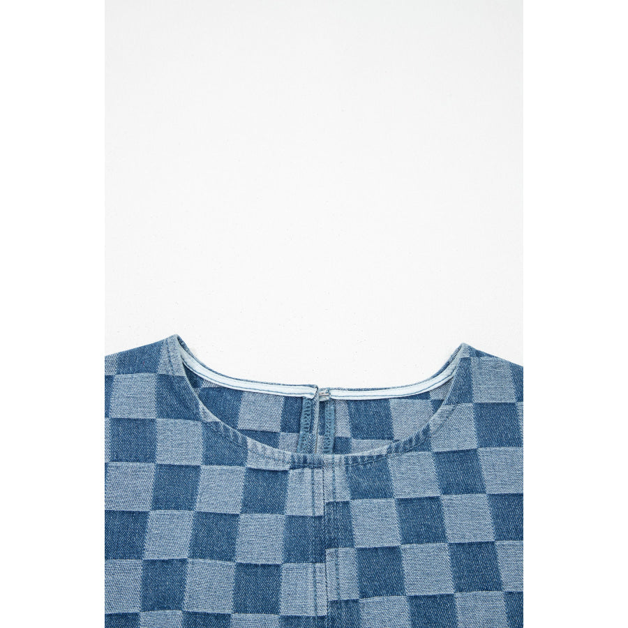 Sky Blue Frayed Hem Checkered Denim Mini Dress Dresses/Mini Dresses